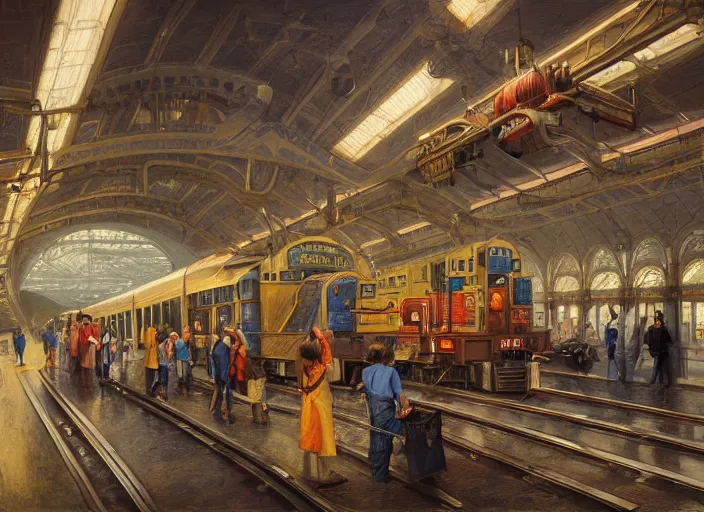 Prompt: portrait of a train station that mechanical horses are used to push the trains, digital painting, artstation, concept art, donato giancola, Joseph Christian Leyendecker, WLOP, Boris Vallejo, wide view, cinematic lighting, dramatic lighting, masterpiece, light brazen, extremely detailed, Breathtaking, 8k resolution, extremely detailed, beautiful, establishing shot, artistic, hyperrealistic, octane render,