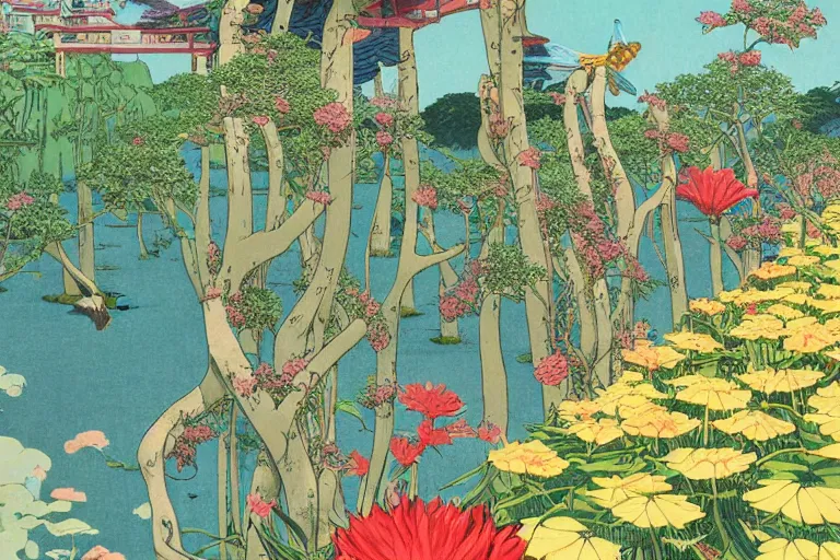 Prompt: gigantic cats catch gigantic dragonflies, a lot of exotic flowers around, heads are all over the ground, acid and dreaming psychedelic hallucinations, by kawase hasui, dirtyrobot, edward hopper, satoshi kon and moebius, colorful flat surreal design, super - detailed, a lot of tiny details, fullshot