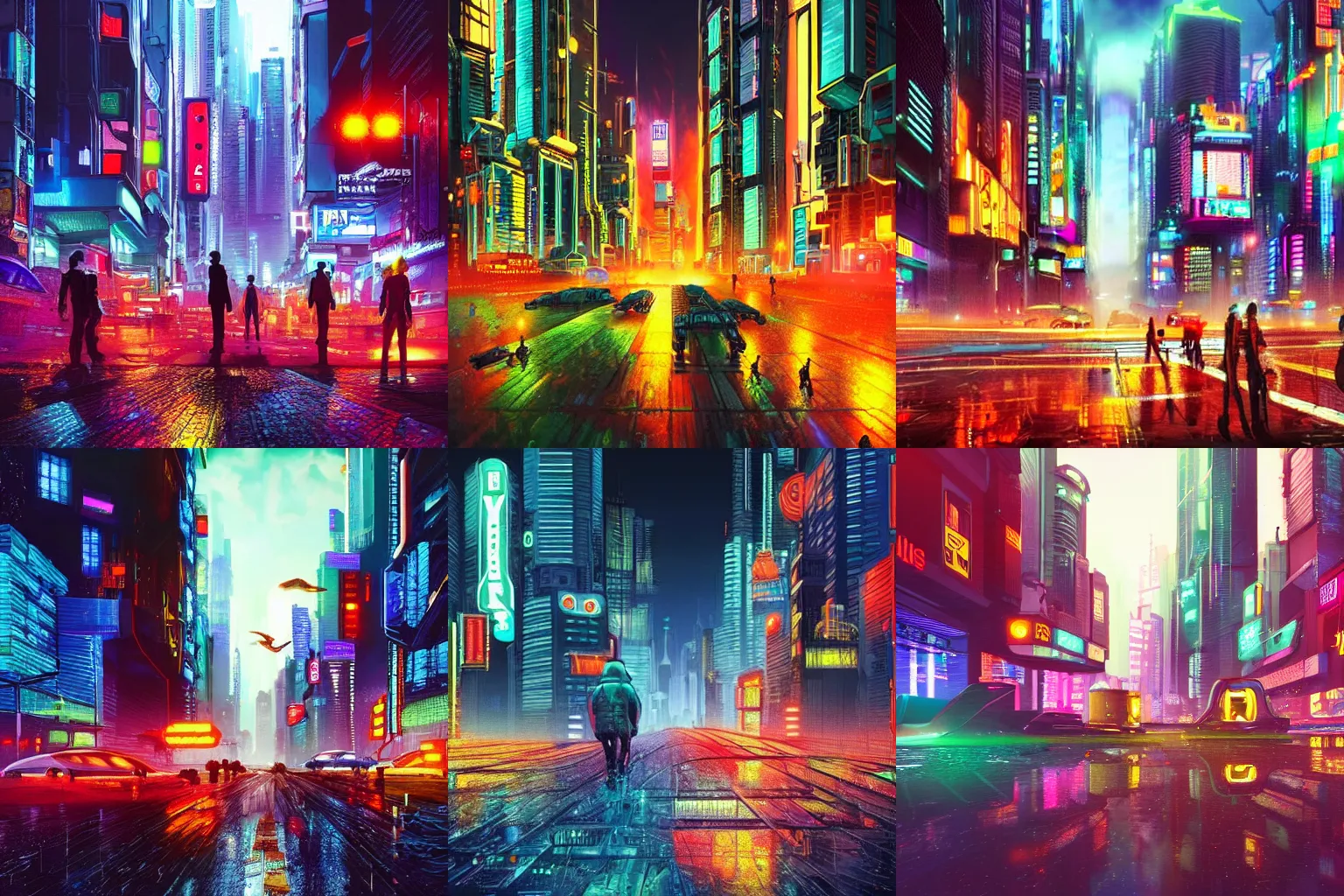 Prompt: a vibrant cyberpunk cityscape on a rainy evening with robots walking down the street, highly detailed, photorealistic
