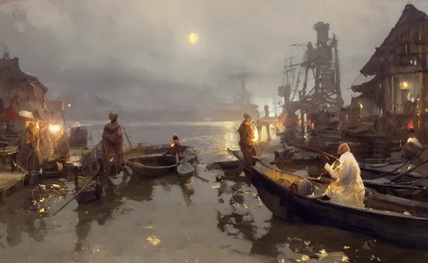 Prompt: scientific oil painting of fishing village by anders zorn, wonderful art by greg rutkowski, incredible lighting, shadows, beautiful cinematic light