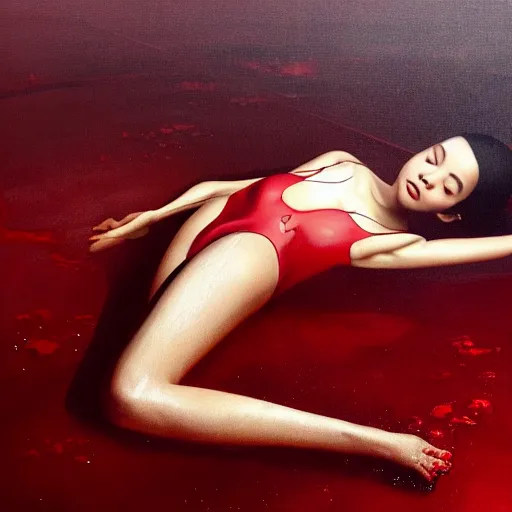 Image similar to Kiko Mizuhara full body laying in a blood red pool of water between a golden mirror frame, outside is space and inside the mirror frame is a beautiful landscape., physically accurate, dynamic lighting, intricate, elegant, highly detailed, digital painting, artstation, HR GIGER, very very Roberto Ferri, Hieronymus Bosch, Francis Bacon, concept art, smooth, sharp focus, illustration, art by artgerm and greg rutkowski and alphonse mucha