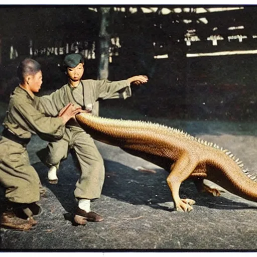 Image similar to photo of Japanese dogfighters fighting a giant oriental dragon, world war 2, Color,