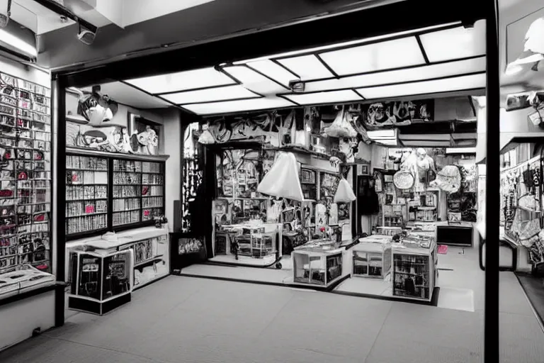 Prompt: still photo of a japanese street anime shop, black and white color aesthetic, highly detailed, photorealistic portrait, bright studio setting, studio lighting, crisp quality and light reflections, unreal engine 5 quality render