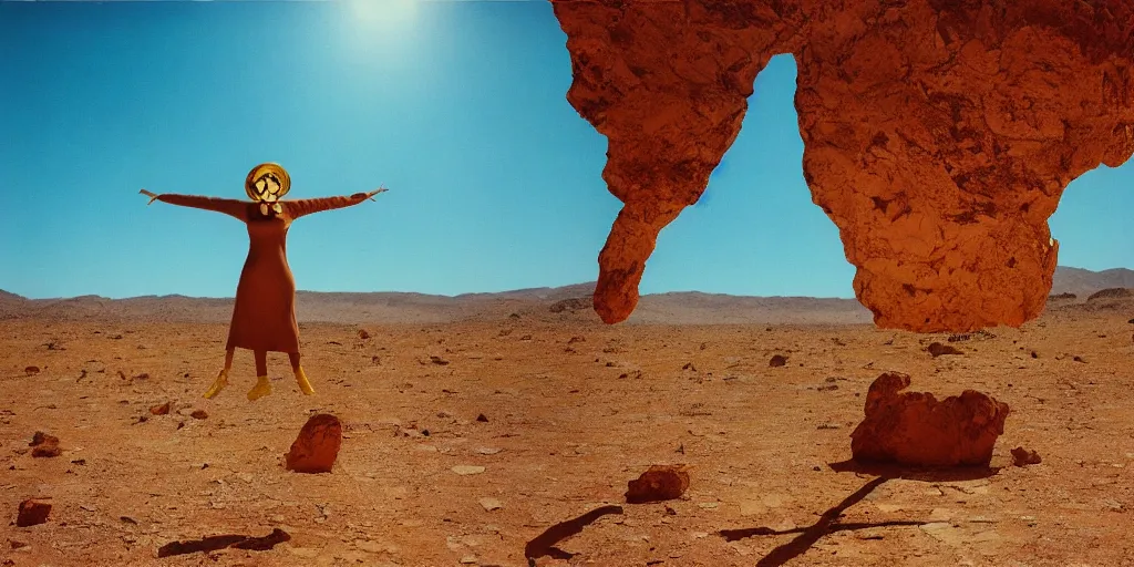Image similar to levitating woman with full - face golden mask in a infinite dry rocky desert landscape, visible sky and sunny atmosphere, fata morgana and giant square mirrors by alejandro jodorowsky, anamorphic lens, kodakchrome, practical effects, masterpiece, 8 k