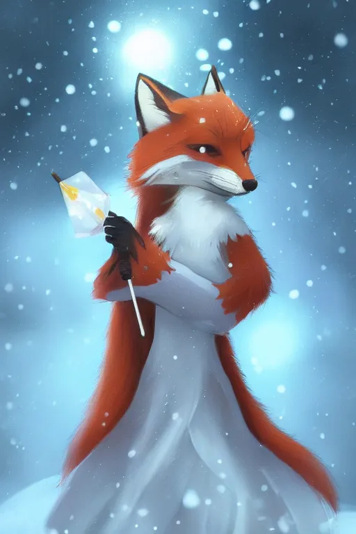 Image similar to a fox princess holding an umbrella, snow, backlighting, trending on artstation, digital art, furry art, studio ghibli