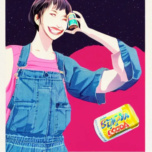 Prompt: y 2 k aesthetic japanese pop - culture magazine illustration, girl in tank - top and denim jump suit holding a can of soda near her smiling face