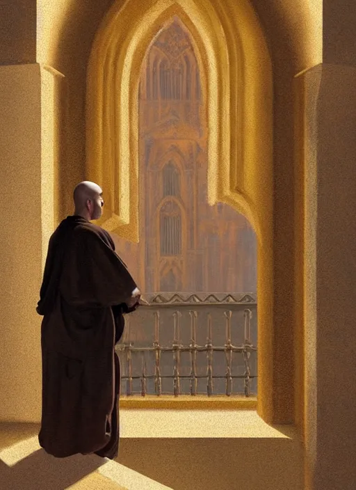 Image similar to symmetry!! oil painting of a tonsured dominican monk in a brown habit, looking out of a monastery window contemplatively, a majestic cathedral in the background, hazy, digital art, artstation, cinematic, golden hour, digital art painting by greg rutkowski, cozy atmosphere, cinematic lighting