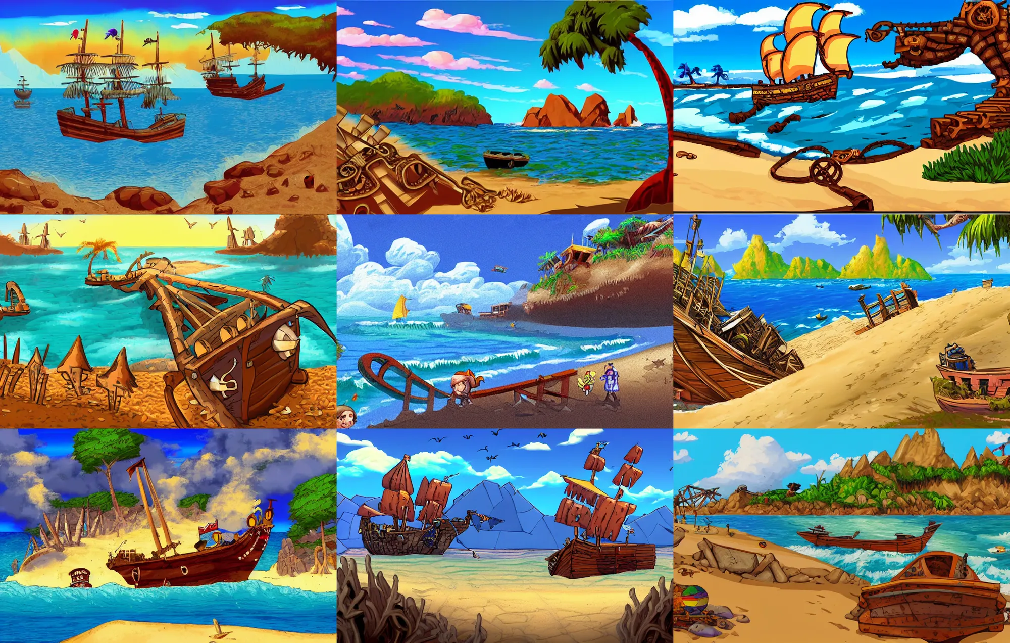 Prompt: a beach with the wreckage of a pirate ship, at midday, from a fantasy point and click 2 d graphic adventure game, art inspired by king's quest 6, sierra entertainment games, colorful landscape painting