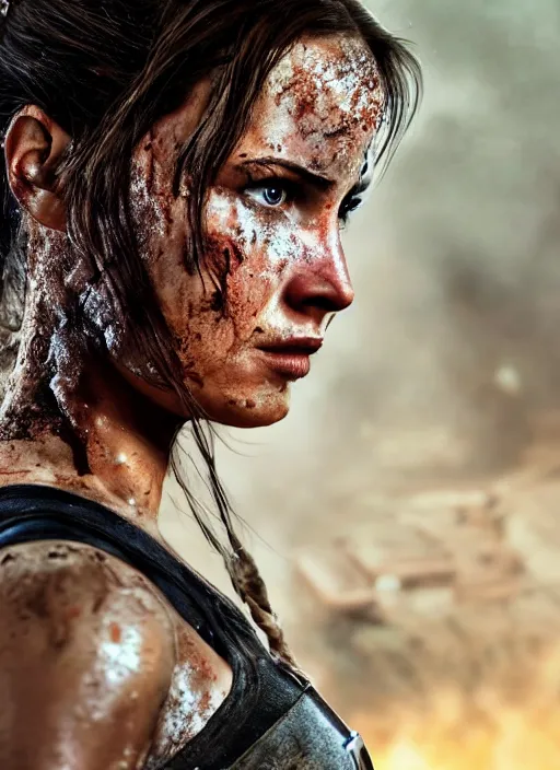 Prompt: a film still of lara croft as russian evading explosions, her face muddy and sweat, direct sun light, close up potrait, cinematic,