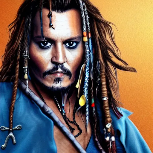 Image similar to portrait of johnny depp as captain jack sparrow, highly detailed, centered, solid color background, digital painting