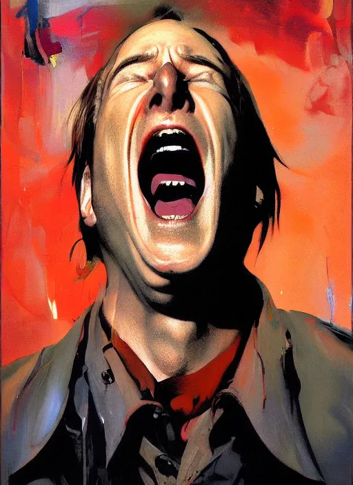 Image similar to 'bob odenkirk screaming, painting by phil hale, 'action lines'!!!, graphic style, visible brushstrokes, motion blur, blurry