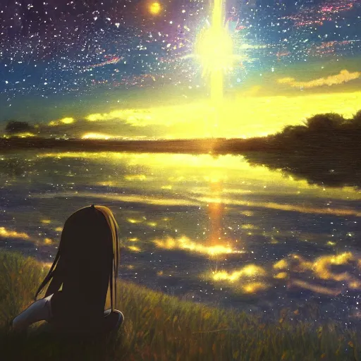 Image similar to Starry night, dreamy world, makoto shinkai, pixiv scenery art, light refraction