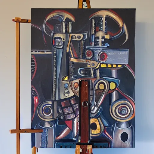 Prompt: a scary multi armed machine painting on an easel and canvas