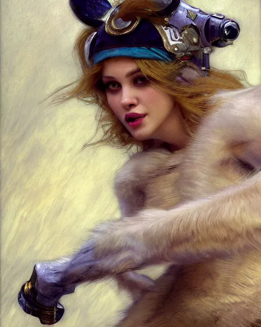 Image similar to white female anthro wolf skating at a roller derby, 4 k, furaffinity, trending on artstation, very expressive detailed face, energetic, speed, motion blur, by gaston bussiere, craig mullins, j. c. leyendecker, gustav klimt, artgerm, greg rutkowski, alphonse mucha