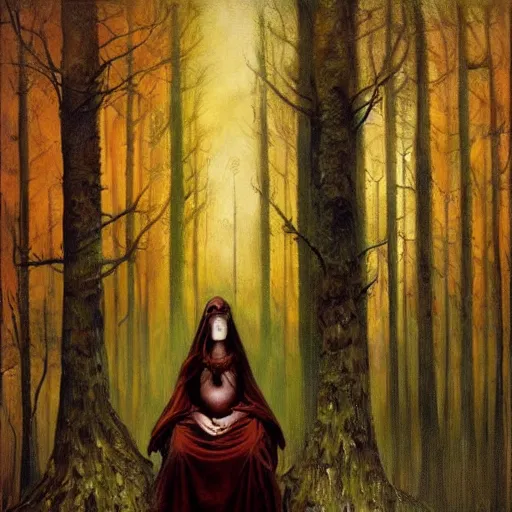 Prompt: an oil painting of a priestess in the woods by esao andrews. circa survive album cover art. dark. muted colors. gothic. oil painting with brush strokes. creepy.