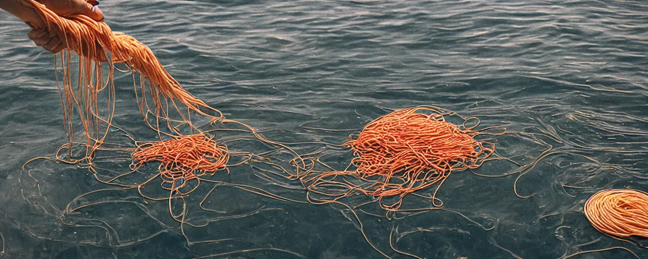 Image similar to spaghetti floating on the surface of the ocean, fisherman in the background, small details, intricate, sharply focused, canon 5 0 mm, wes anderson film, kodachrome