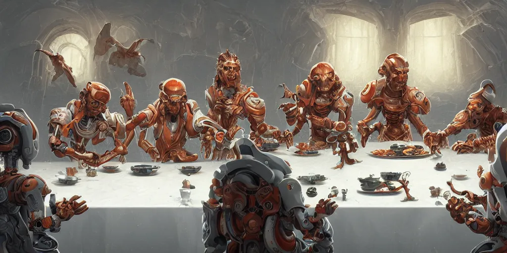 Image similar to hitech robo - apostles having last supper. intricate frobot faces. highly detailed, digital painting, artstation, concept art, smooth, sharp focus, illustration, art by pascal blanche