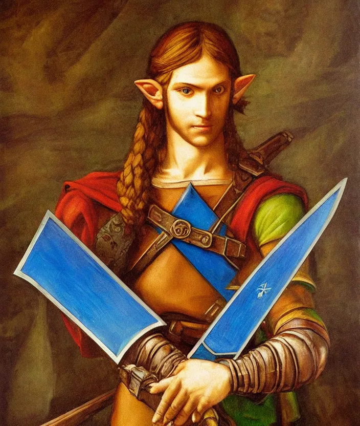 Prompt: oil painting portrait of Link holding the mastersword and the Hyrule shield by Leonardo da Vinci