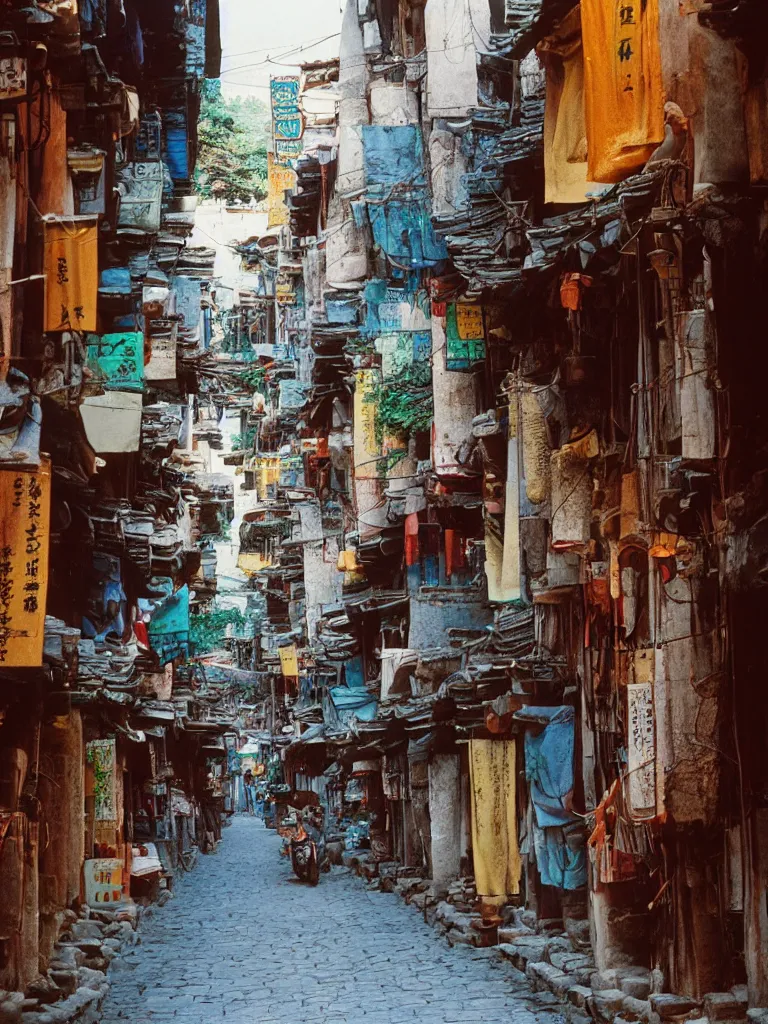 Prompt: a narrow quiet street in kunming yunnan china, postcard, hasselblad mamiya kodak ektar velvia
