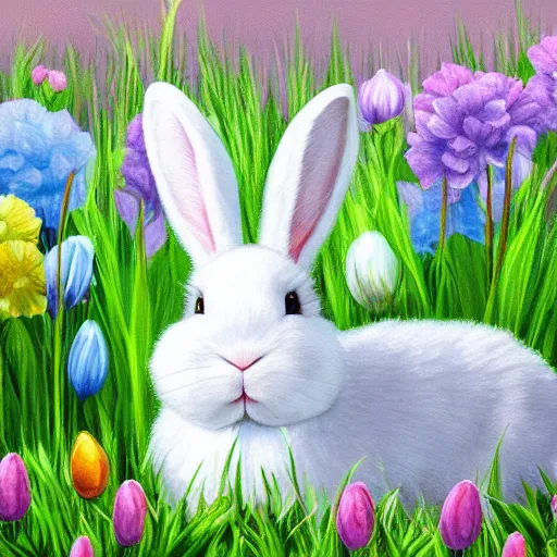 Image similar to cute fluffy white lop eared bunny rabbit sitting in meadow of spring flowers detailed painting 4k