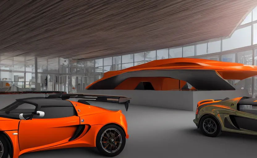 Image similar to futuristic lotus exige ( ( orange ) ) parked within interior view of futuristic auto showroom ( ( frank lloyd wright ) ) luminescent concept art, unreal engine 5, artstation highly detailed, digital art, 8 k hdr, soft lighting, hyperrealistic, godrays