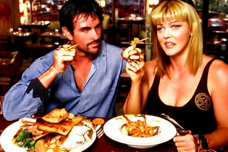 Image similar to xena warrior princess eating at a restaurant with a handsome cuban man