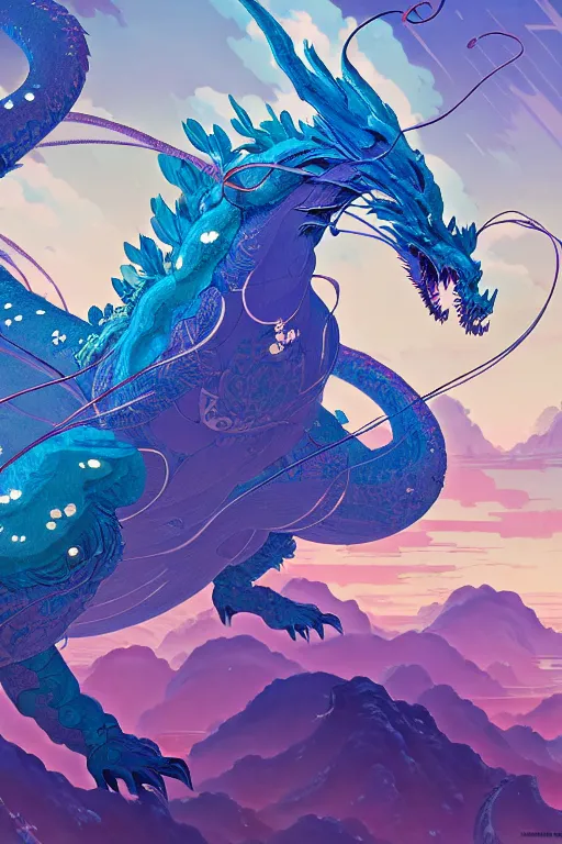 Image similar to a beautiful hyperdetailed character design 4 k wallpaper illustration of a huge cyan dragon, victo ngai style, from china, style of studio ghibli, makoto shinkai, raphael lacoste, louis comfort tiffany, denoise, deblurring, artgerm, xision, james jean, ross tran, chinese style