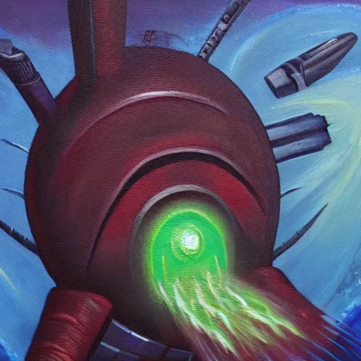 Image similar to A small spaceship fires its entire arsenal at an eldritch abomination with facial features. Oil painting.