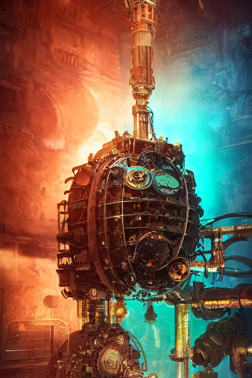 Prompt: a movieposter, moviename is tripmachine, photo of a huge futuristic steampunk generator inside a steampunk machinery, 8 k, fluorescent colors, halluzinogenic, multicolored, exaggerated detailed, 3 d render, octane