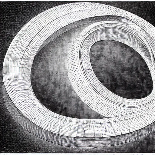 Image similar to Floating Mobius Strip, impossible architecture, artwork by Virgil Finlay and M.C. Escher