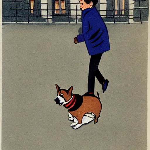 Image similar to book illustration of a french boy on the streets of paris playing football against a corgi, the dog is wearing a polka dot scarf, 1 9 6 6