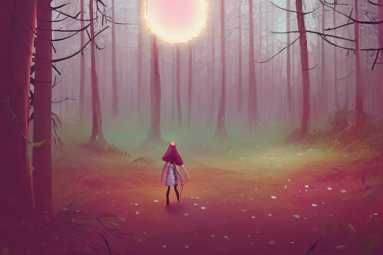 Image similar to giant daisy flower on head, girl walking in forest, big trees, surreal photography, dark night, stars, moon light, impressionist painting, clouds, digital painting, artstation, simon stalenhag