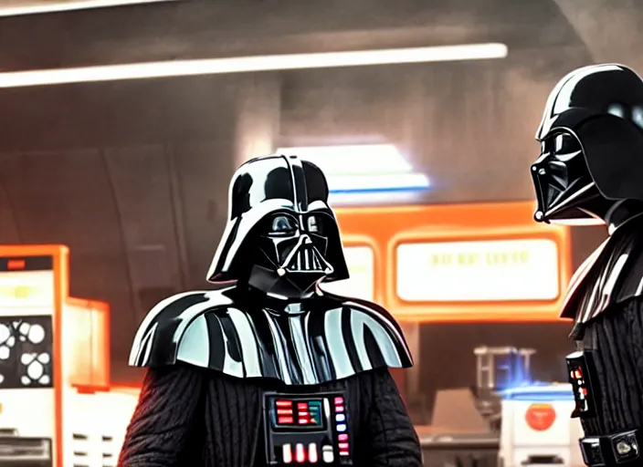 Image similar to film still of Darth Vader works at a gas station in the new Star Wars movie, 4k