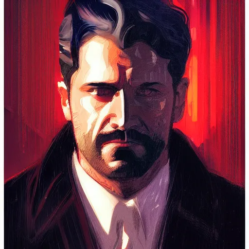 Image similar to portrait of mystery man from lost highway by petros afshar, hyper real, laurie greasley, jc leyendecker and singer sargent