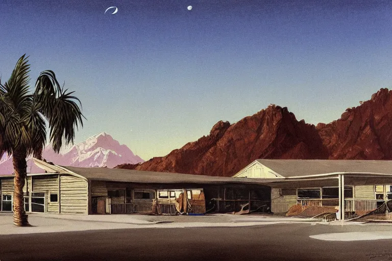 Image similar to natural american landscape | abandoned motel | palm trees | snowy mountains | moon in sky, painting by syd mead and weta studio and moebius and james jean and frank frazetta, highly detailed, rule of third, soft lighting, 8 k resolution, oil on canvas, architectural magazine, beautiful detailed, insanely intricate details, artstation trending, hypermaximalistic, high details, cinematic