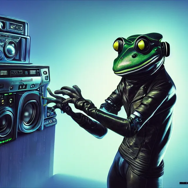 Image similar to a portrait of an anthropomorphic cyberpunk frog in a motorcycle helmet, detailed render, tape deck, boombox, headphones, epic composition, cybernetics, 4 k realistic, cryengine, realistic shaded lighting, sharp focus, masterpiece, by matteo scalera, gary montalbano, peter elson in the style of the tokyo ghost comic