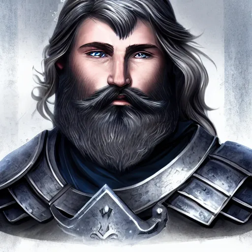 Image similar to A portrait of an Aasimar Paladin with glowing blue eyes, pale grey skin, silver full beard, and silver hair. He has a longsword and wears full plate armor covered in moss. Epic Dungeons and Dragons fantasy art.