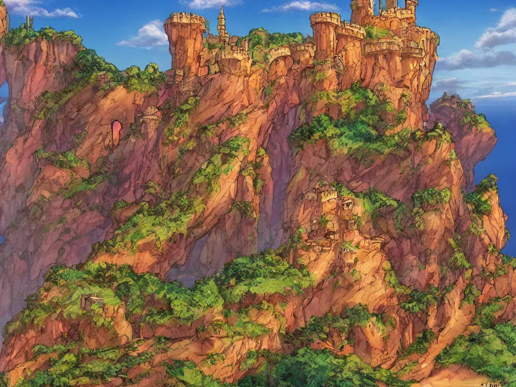 Prompt: a cliffside fortress landscape, art by Don Bluth, cinematic, masterpiece, vibrant vivid colors