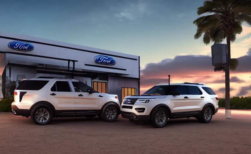 Prompt: a ford explorer parked at a drive in movie theater at sunset, concept art, hyperrealistic, octane render, unreal engine 5, path traced, highly detailed, high quality, 8 k, dramatic lighting, cinematic, high coherence, symmetrical, high contrast, lens flare, godrays