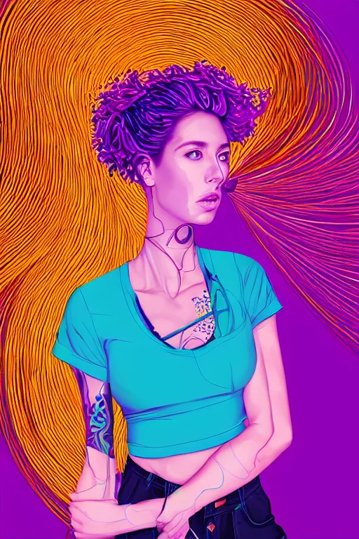 Image similar to a award winning half body portrait of a beautiful woman with stunning eyes in a croptop and cargo pants with ombre purple pink teal hairstyle and hands in pockets by thomas danthony, surrounded by whirling illuminated lines, outrun, vaporware, shaded flat illustration, digital art, trending on artstation, highly detailed, fine detail, intricate