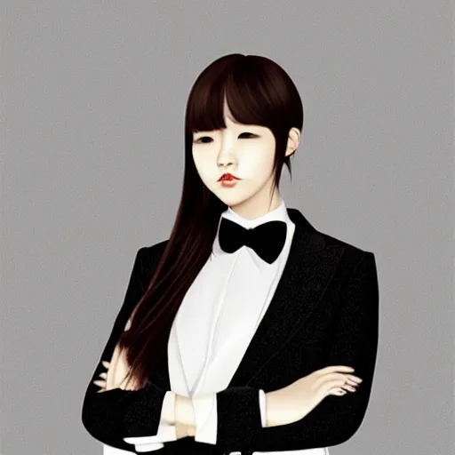 Image similar to portrait of a beautiful korean girl wearing a men's tuxedo, with long hair and bangs, angular features, angry expression, digital art, elegant pose, detailed illustration