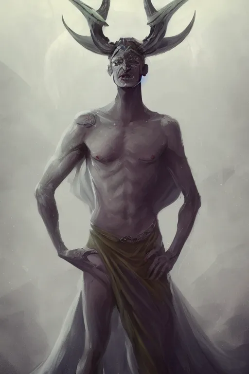 Image similar to djinn man male demon, portrait, full body character concept art, costume design, illustration, white horns from eyebrows, single face, cinematic color grading, editorial photo, fashion, hyperrealism, trending on artstation, Charlie Bowater, WLOP