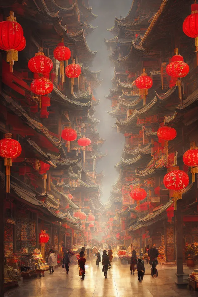 Image similar to epic scenery of a shopping street in the Chinese imperial city, intricate, elegant, volumetric lighting, digital painting, highly detailed, artstation, sharp focus, illustration, concept art, ruan jia, steve mccurry