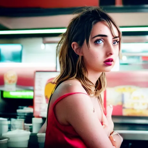 Image similar to ana de armas portrait working in a fast food restaurant, in a cinematic cyberpunk style, 3 5 mm