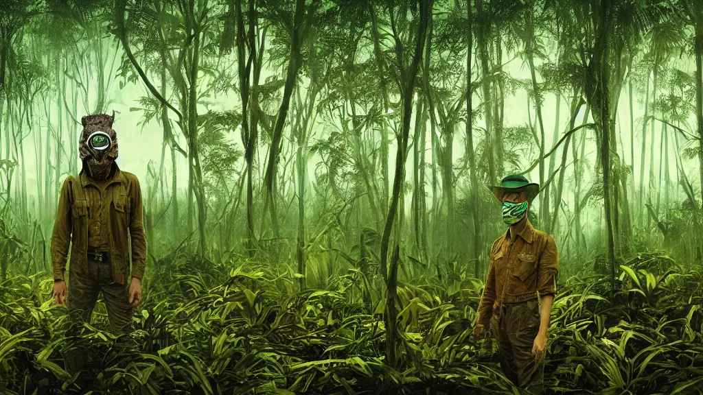 Prompt: snake oil saleman demigod with neon green mask in a swampy jungle landscape, visible sky and humid atmosphere, weekend in formosa by denis villeneuve, grant wood, wlop, kodakchrome, cinematic composition, practical effects, 8 k, trippy film from 2 0 1 9