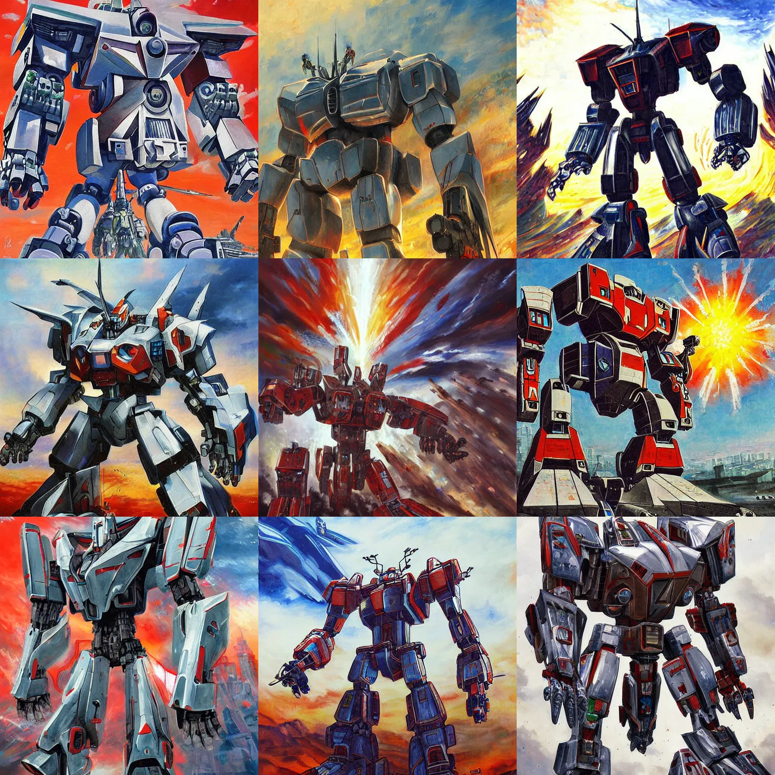 Prompt: giant mecha fighting to protect humanity, patriotic highly detailed painting