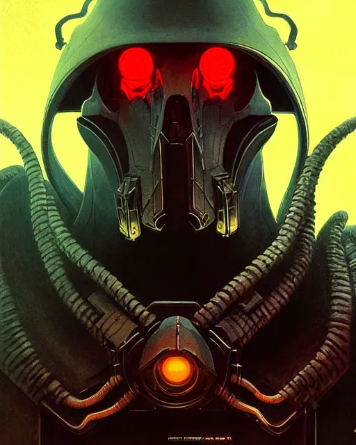 Image similar to reaper from overwatch, character portrait, portrait, close up, concept art, intricate details, highly detailed, vintage sci - fi poster, retro future, in the style of chris foss, rodger dean, moebius, michael whelan, and gustave dore