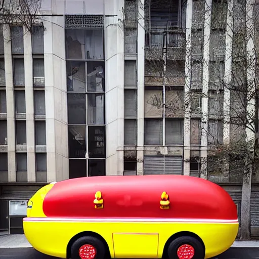 Image similar to very weird, very wrong concept of the Oscar Mayer Wienermobile on the street, photograph