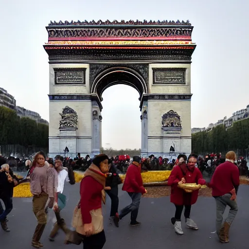 Prompt: a group of communist agrarian peasants walk under the arc d’triomphe, eating raw potatoes, Hulu special