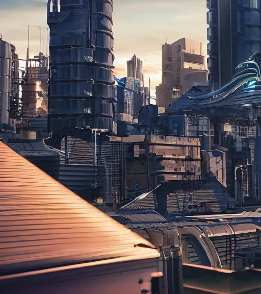 Image similar to sci - fi city rooftop view, blue sky, highly detailed, beautiful light and sunset, realistic, octane render